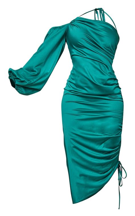 Emerald Green Satin One Sleeve Ruched Midi Dress Prettylittlething