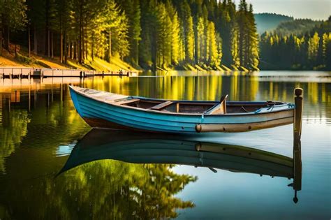 Premium Ai Image A Rowboat Sits On A Lake With A Lake In The Background