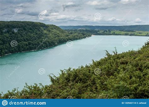 Aerial View Of Lake Chalain In Jura Mountains Stock Photo Image Of