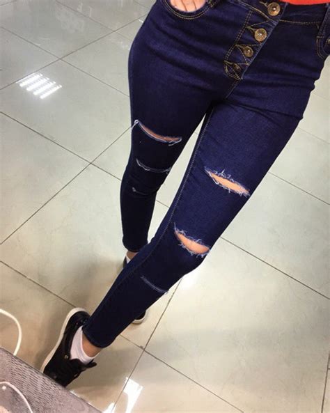 Buy Ripped Blue High Waisted Jeans In Stock