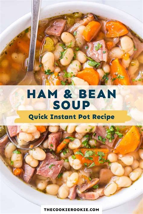 Ham And Bean Soup In A White Bowl With Spoons On The Side Text Overlay Reads Ham And Bean Soup