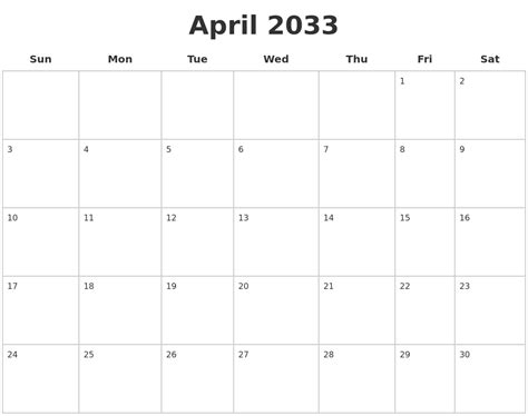 April 2033 Blank Calendar Pages