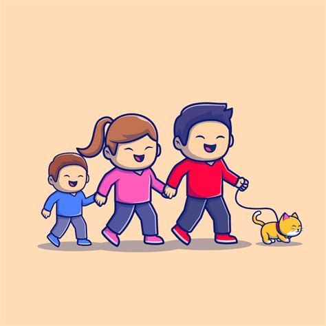 Linda Familia Caminando Ilustración Del Icono De Dibujos Animados