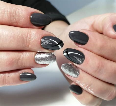 Elegant Dark Gray Nail Design With Silver And White Details Grey