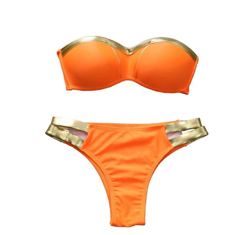 Nidalee Sexy Padded Women Swimsuit 2019 Gold Stamping Bikini Set Push Up Bandeau Swimwear Brazil