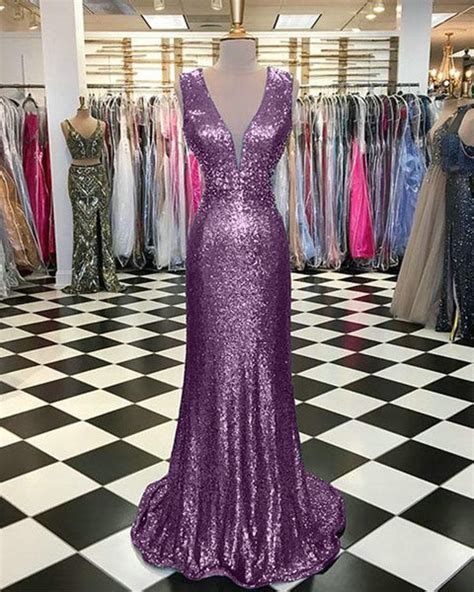 Light Purple Deep V Neck Prom Dresses Sequins Mermaid Glitter Evening