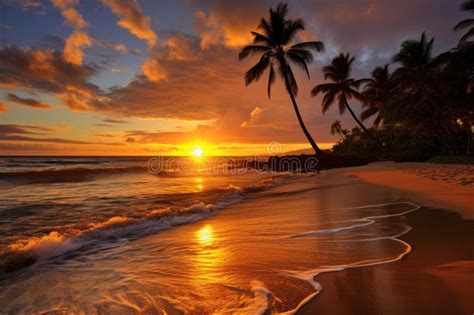 Capture The Beauty Of A Vibrant Sunset On A Tropical Beach Surrounded