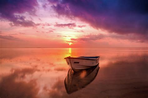 Small Boat At The Sand Beach At Sunset Time Photograph By Wall Art Prints
