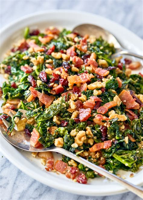 Healthy Sautéed Kale Salad Recipe With Bacon Walnuts And Cranberries