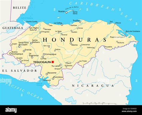 Honduras Mapa Político Con La Capital Tegucigalpa Las Fronteras