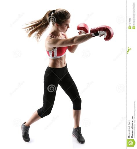 Boxer Girl During Boxing Exercise Making Direct Hit With Red Glove