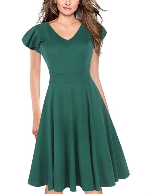ruffle sleeve plain green dress women vintage party wear to work office casual skater a line