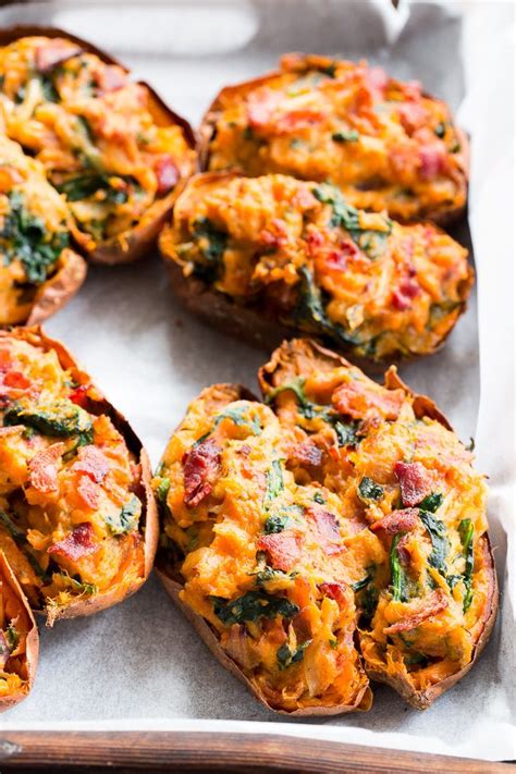 While the sweet potatoes are roasting, sauté the spinach and add the cooked quinoa, cranberries, feta and pecans. Twice Baked Sweet Potatoes (Paleo, Whole30, Dairy-Free ...