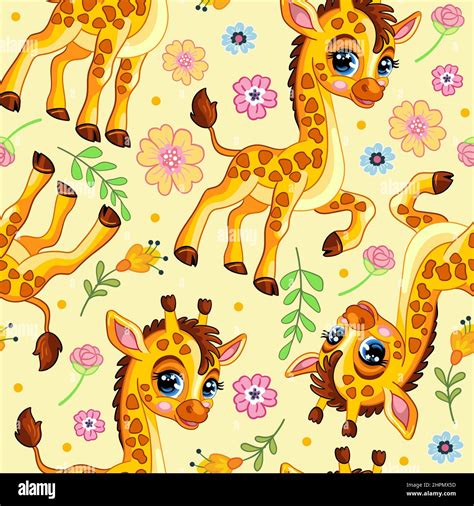 Seamless Vector Pattern With Cute Happy Giraffes And Flowers On Yellow