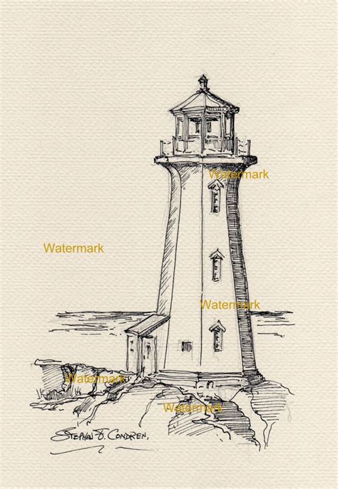 Pen And Ink Line Drawing Of Peggy S Cove Lighthouse On The Coast