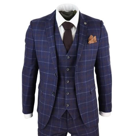 Mens Navy Blue Check 3 Piece Suit Paul Andrew Kenneth Buy Online