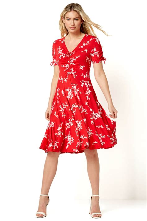 Floral V Neck Short Sleeve Dress In Red Roman Originals UK