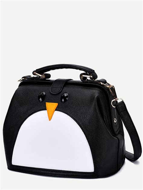 Shop Black Pu Penguin Design Contrast Shoulder Bag Online Shein Offers
