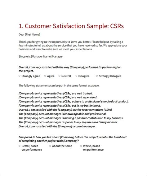 sample customer satisfaction survey templates  ms word