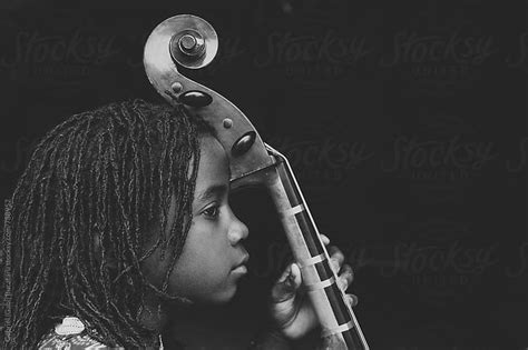 African American Girl With Cello In Black And White By Gabriel Gabi