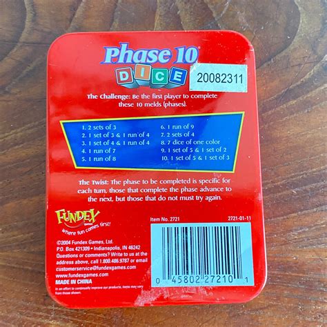 Fundex Phase 10 Dice Game In Tin Complete With Instructions Score Pad