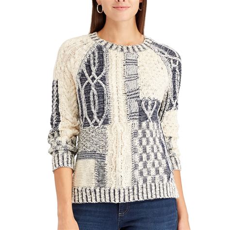 Womens Chaps Patchwork Crewneck Sweater Sweaters Crew Neck Sweater