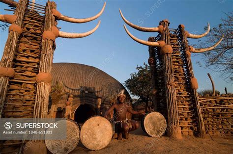 Zulu Man In Traditional Costume Drums Film Set Of Shakazulu