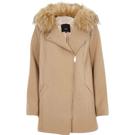Order online and spread the cost with a flexible. River Island Camel Faux Fur Trim Hooded Biker Coat in ...