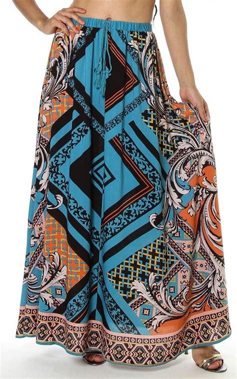 Native Aztec Print Wide Flare Long Maxi Skirt W Tie Maxi Skirt