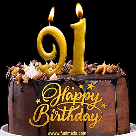 91 Birthday Chocolate Cake with Gold Glitter Number 91 Candles (GIF ...