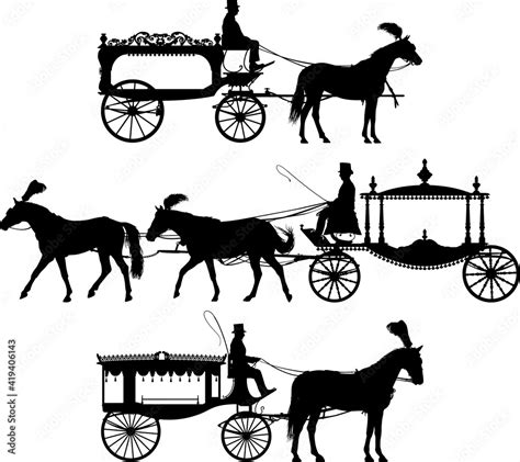 Three Different Horse Drawn Hearse Carriage Vector Silhouette Stock