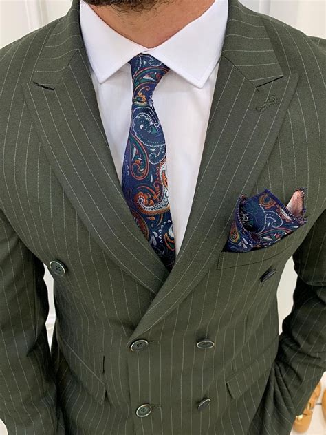 Furino Khaki Slim Fit Double Breasted Pinstripe Suit Freeshipping