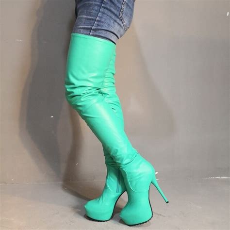 Original Intention Popular Women Over Knee Boots Zipper Thin High Heels Boots Green Thigh High