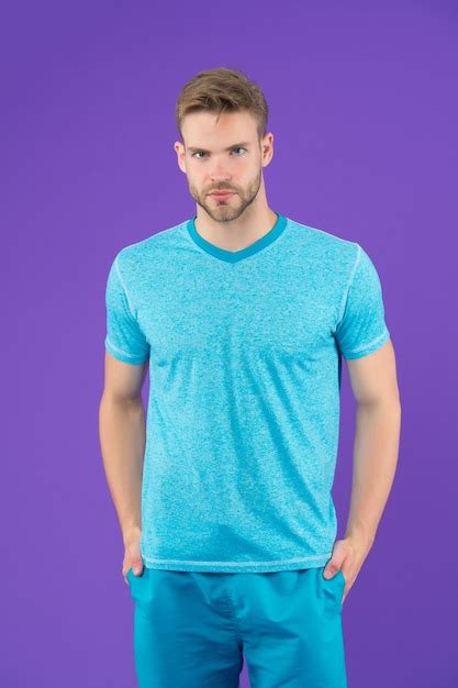 Premium Photo Man In Tshirt And Shorts On Violet Background Guy In