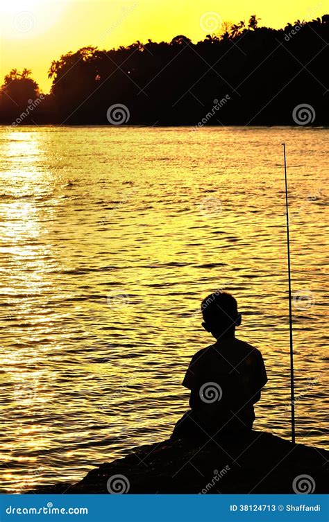 Silhouette Of Kid Fishing Near The Beach Stock Image Image Of