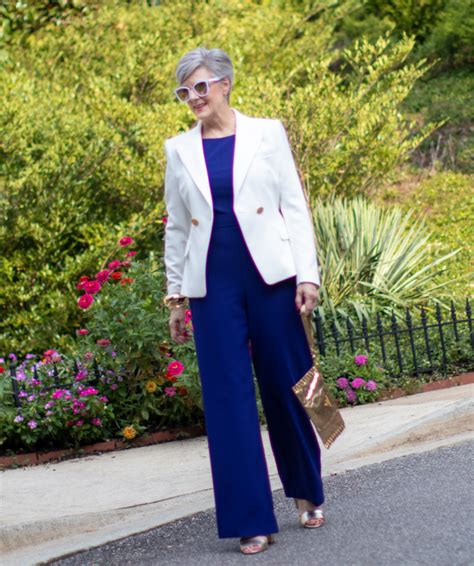 Blue Jumpsuit And White Blazer Style At A Certain Age White Party