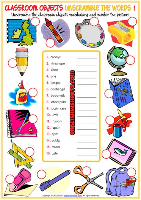 Classroom Objects Esl Unscramble The Words Worksheets