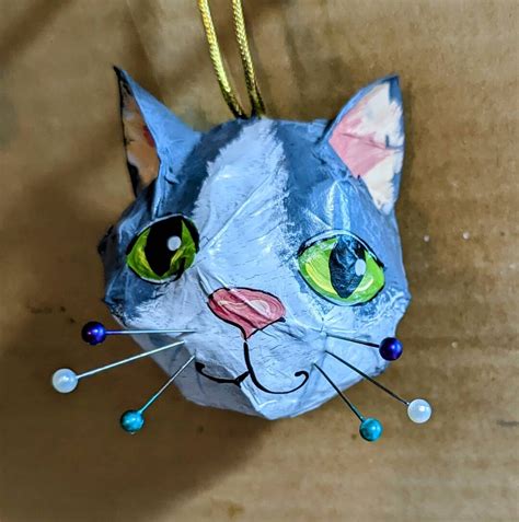 Handmade Paper Mache Cat Ornamentgrey And White Kitty With Etsy