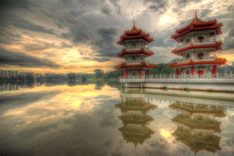 Singapore Sunset Pagoda Lake Water Clouds Reflection
