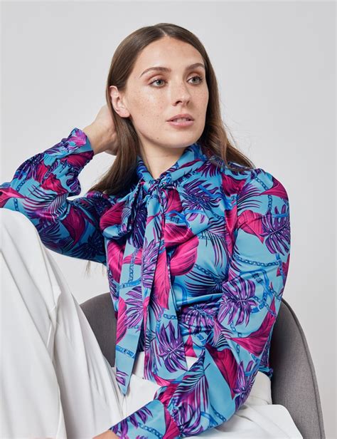 Floral Print Womens Satin Blouse With Single Cuff In Blue And Pink Hawes And Curtis Uk