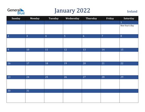 Ireland January 2022 Calendar With Holidays