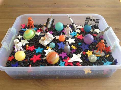 Space Sensory Bin It Contains Black Beans Star Buttons Planets And