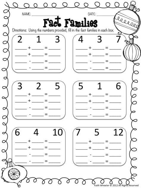 fact family worksheet second grade math grade 1