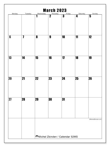 March 2023 Printable Calendar “63ms” Michel Zbinden Uk