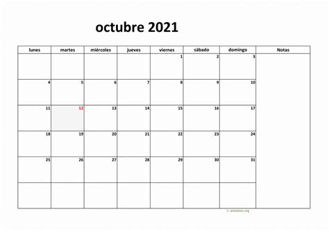 Calendario Octubre 2021