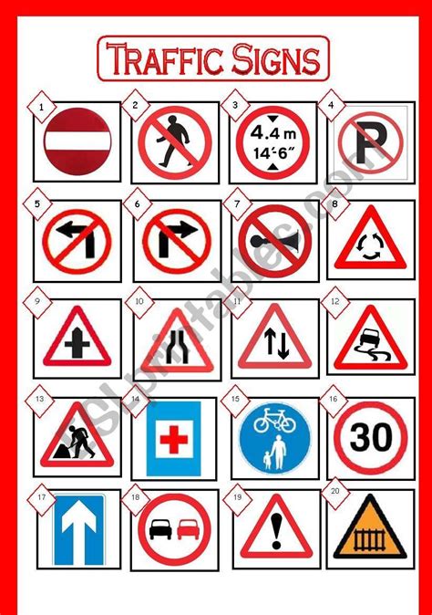 Traffic Signs Picture Dictionary Match The Signs With Their Meaning