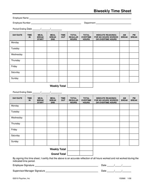 Printable simple biweekly timesheet template