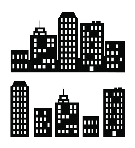 A Flat Black Skyscraper And Low Rise Building Silhouette Set Of Vector