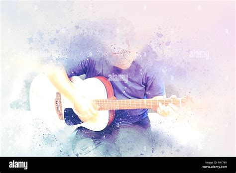 Abstract Beautiful Playing Acoustic Guitar In The Foreground On