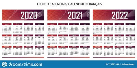 French Language Calendar 2020 2021 2022 Vector Stock Vector